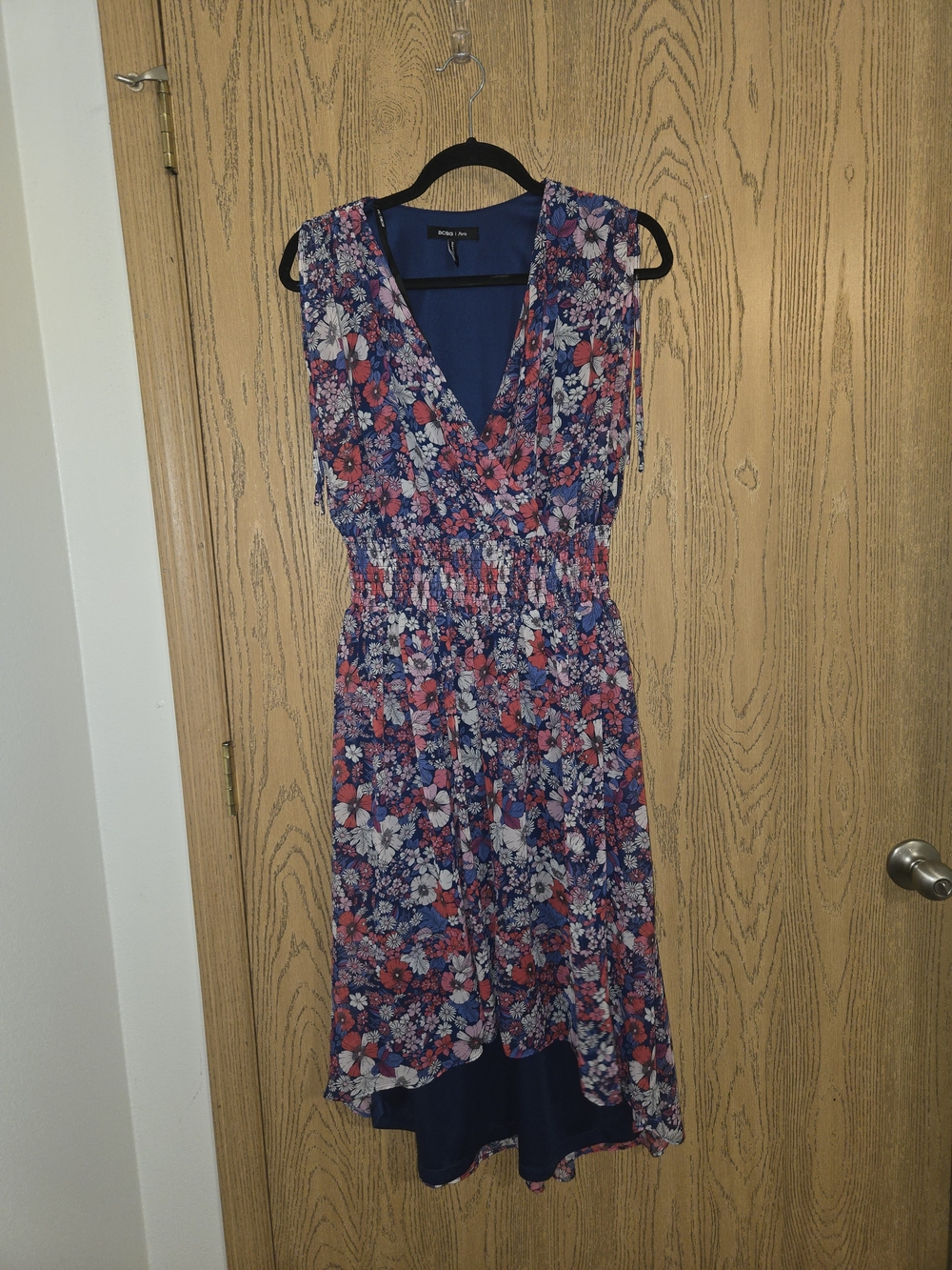 BCBG Navy Floral Midi Dress with Pink and White Accents